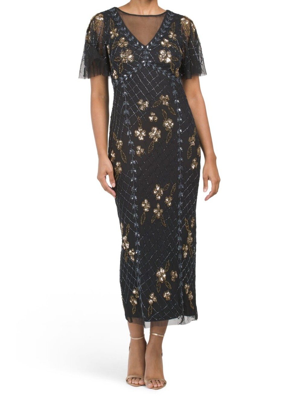 Adrianna papell Embellished Mesh V-Neck Midi Dress - Picture 8 of 9